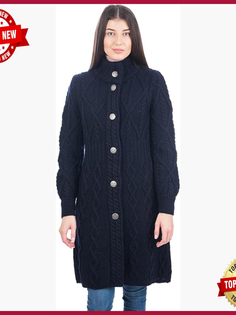 100% Merino Wool Irish Cardigan With Celtic Knot Buttons Long Cable Knit